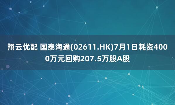 翔云优配 国泰海通(02611.HK)7月1日耗资4000万元回购207.5万股A股